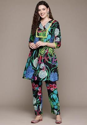 Black Tropical Printed Pure Cotton Tunic With Trousers