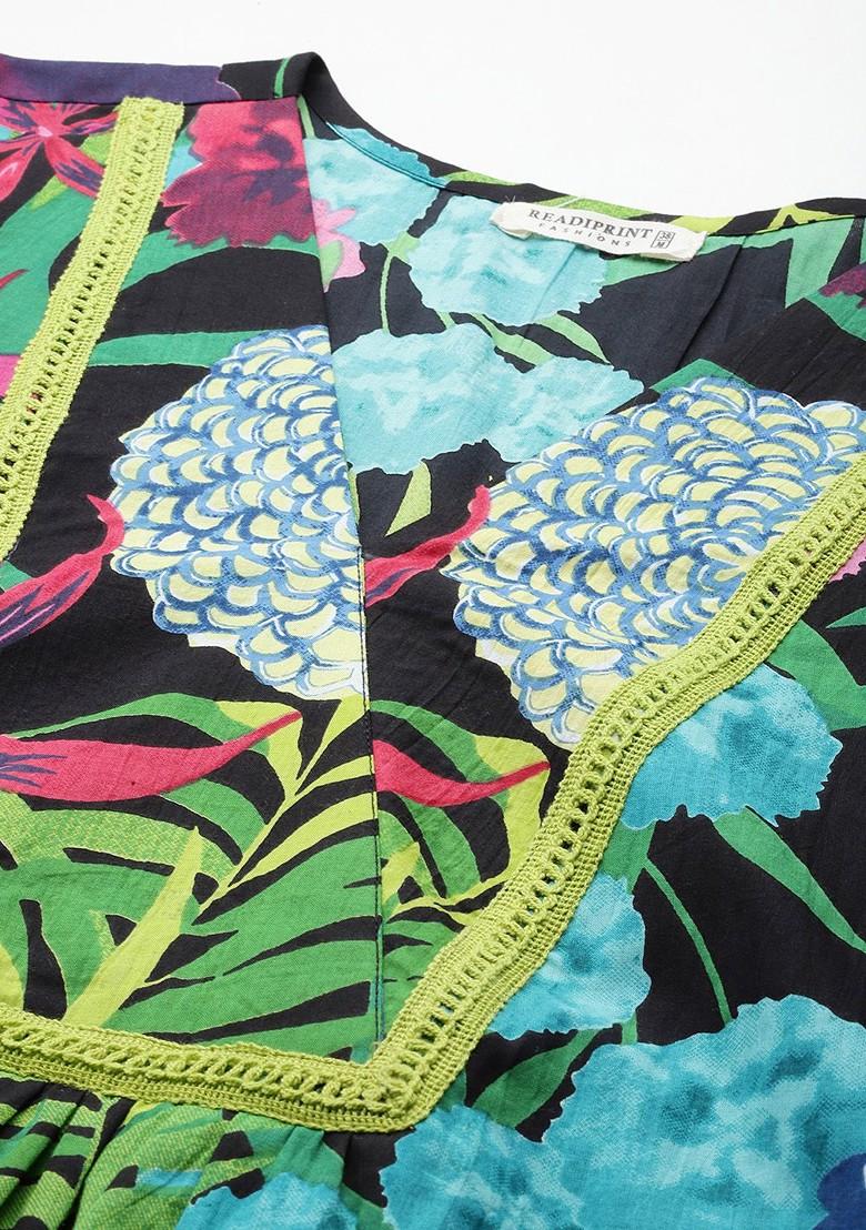 Black Tropical Printed Pure Cotton Tunic With Trousers - Indya