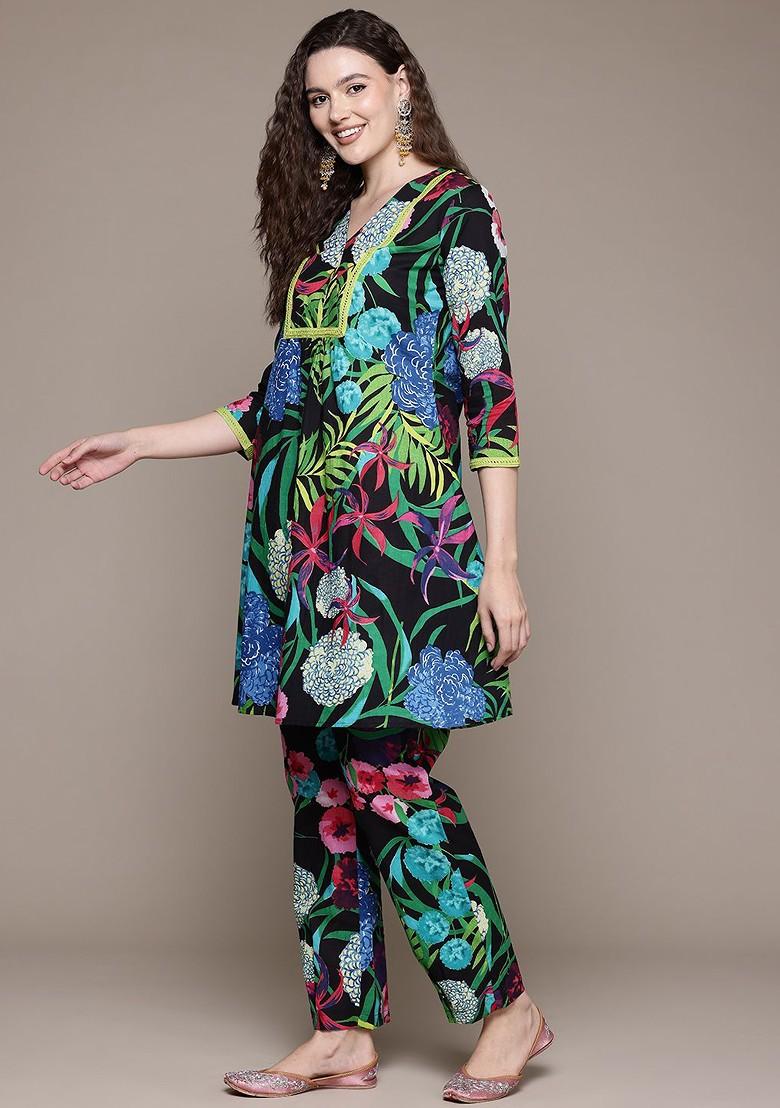 Black Tropical Printed Pure Cotton Tunic With Trousers - Indya