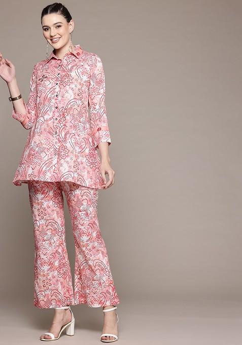 Peach Floral Printed Pure Cotton Tunic And Palazzos