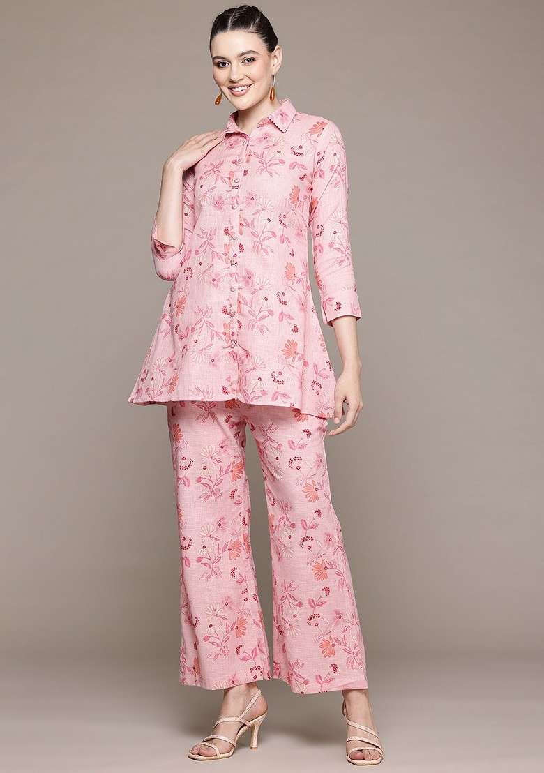 Pink Floral Printed Pure Cotton Tunic And Palazzos - Indya