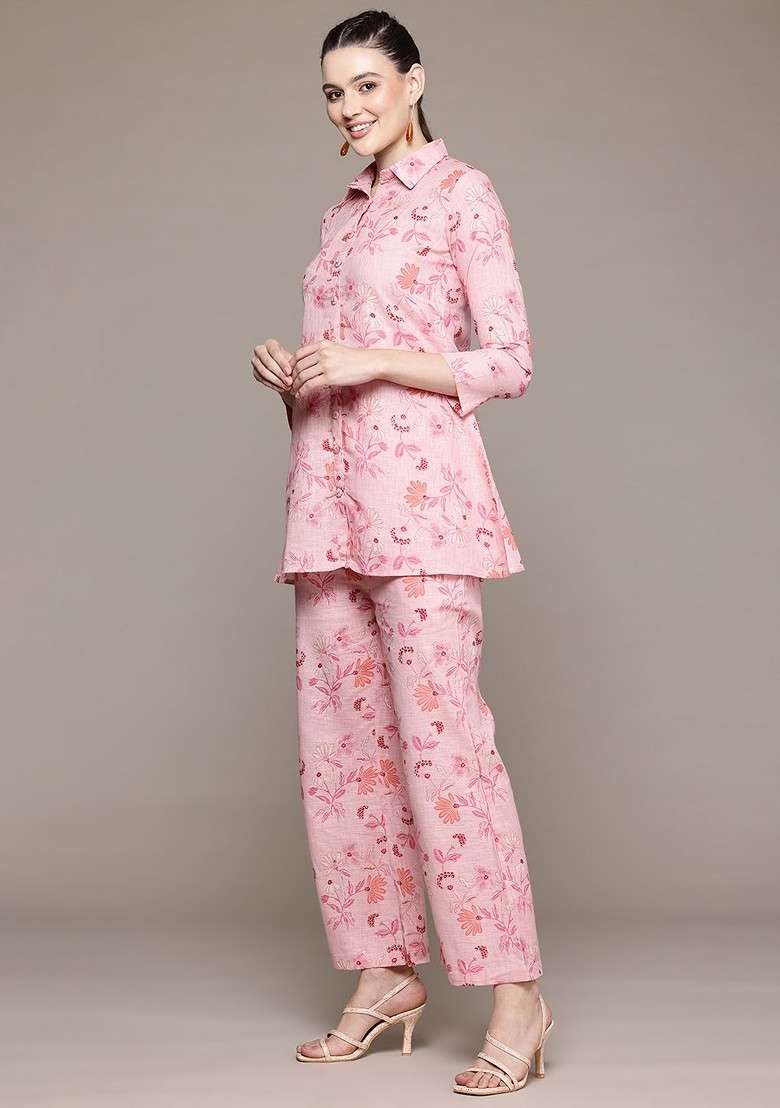 Pink Floral Printed Pure Cotton Tunic And Palazzos - Indya