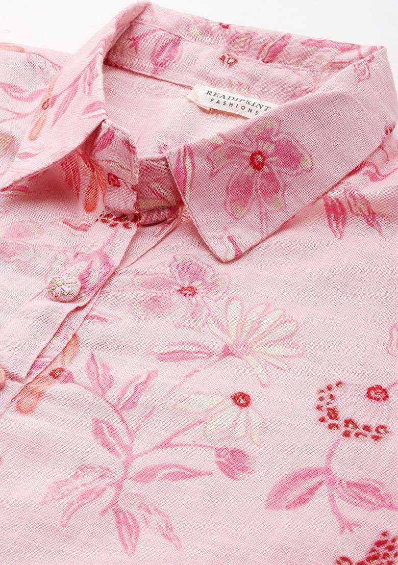 Pink Floral Printed Pure Cotton Tunic And Palazzos - Indya