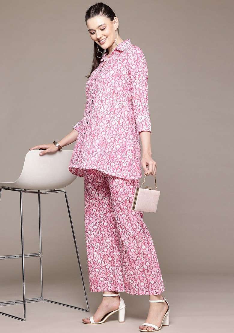 Pink Floral Printed Pure Cotton Tunic And Palazzos - Indya