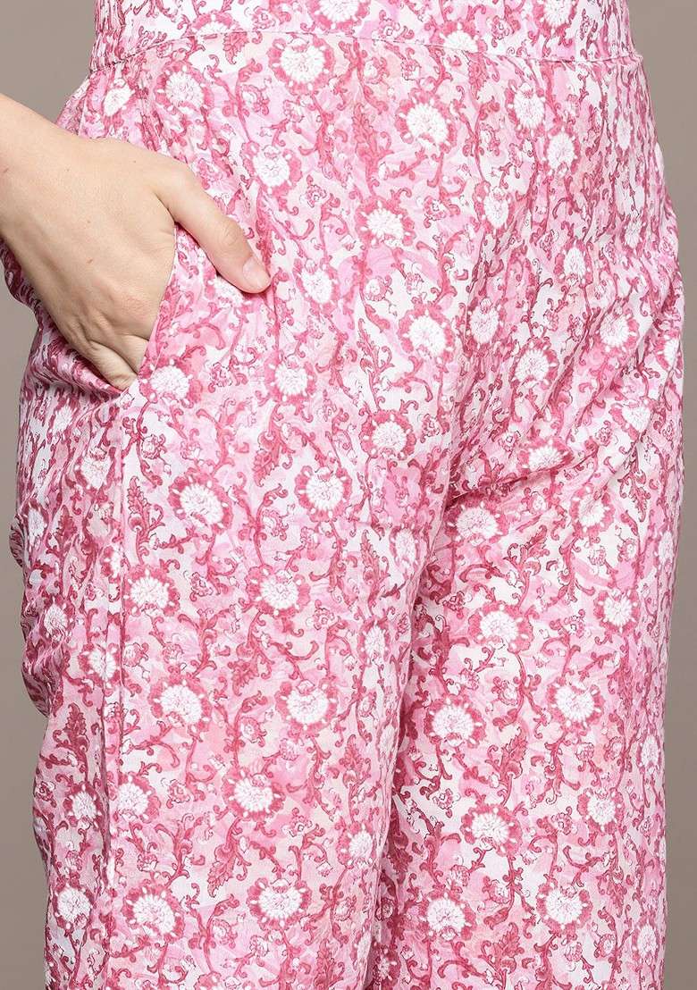 Pink Floral Printed Pure Cotton Tunic And Palazzos - Indya