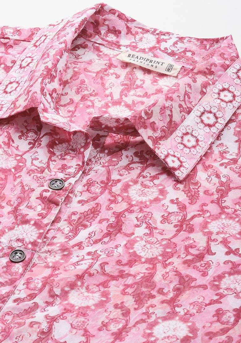 Pink Floral Printed Pure Cotton Tunic And Palazzos - Indya