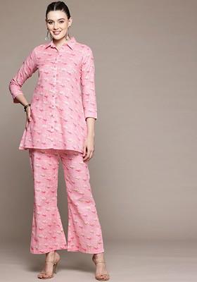 Pink Floral Printed Pure Cotton Tunic And Palazzos