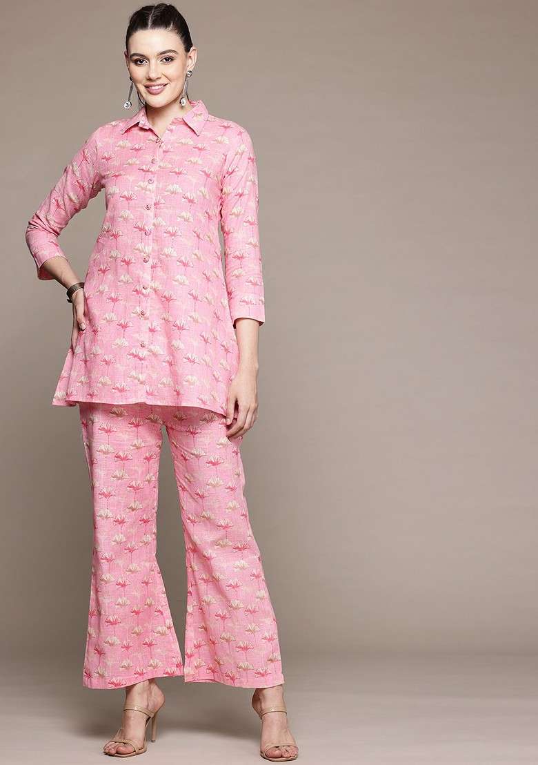 Pink Floral Printed Pure Cotton Tunic And Palazzos - Indya