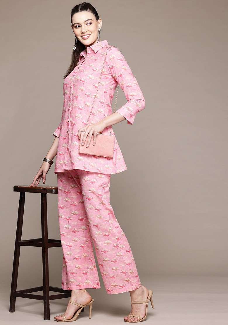 Pink Floral Printed Pure Cotton Tunic And Palazzos - Indya