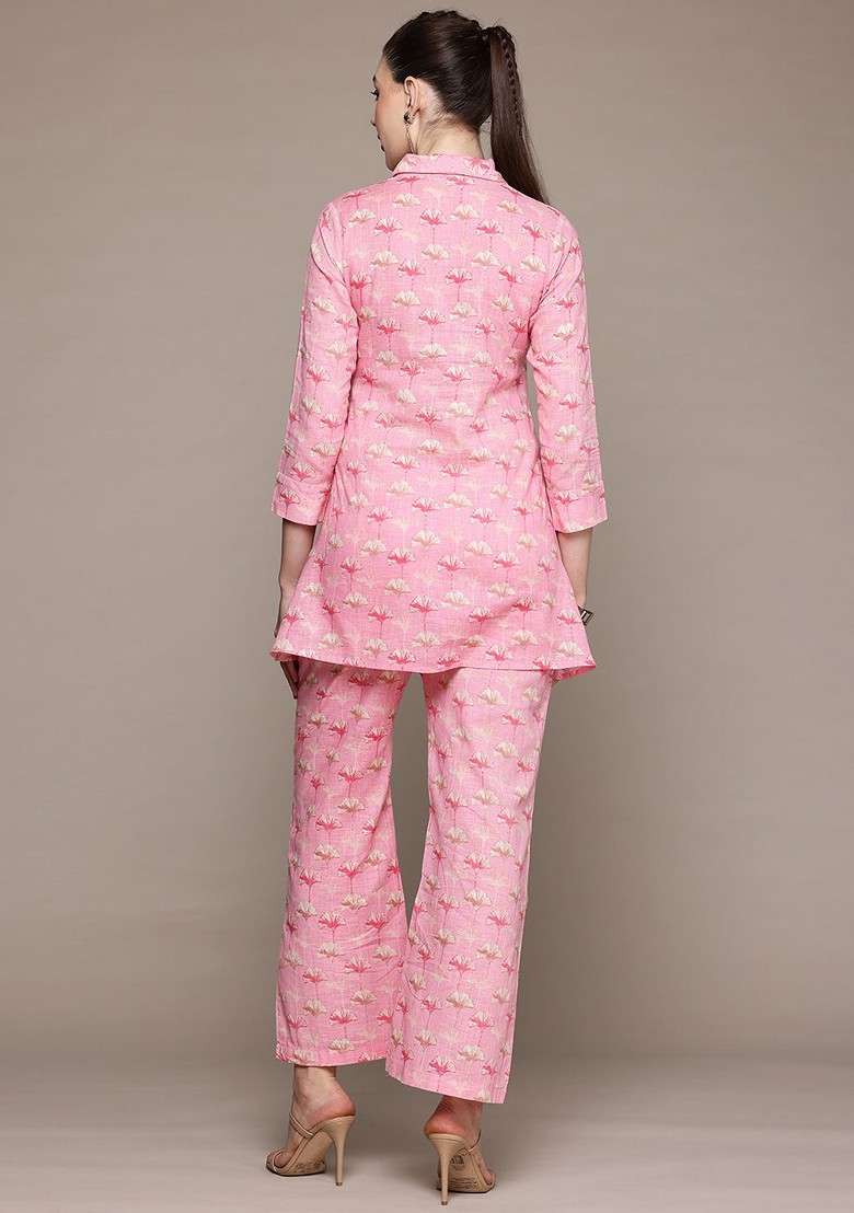 Pink Floral Printed Pure Cotton Tunic And Palazzos - Indya