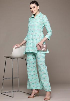 Turquoise Blue Floral Printed Pure Cotton Tunic And Palazzos