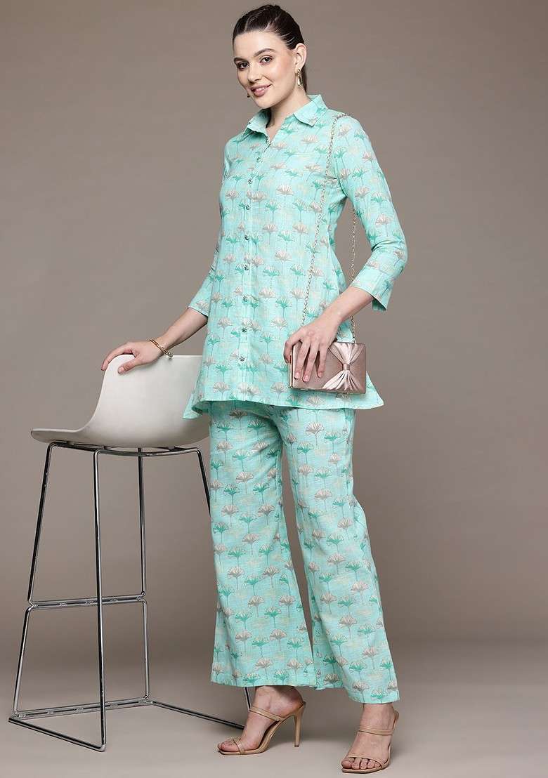 Turquoise Blue Floral Printed Pure Cotton Tunic And Palazzos - Indya