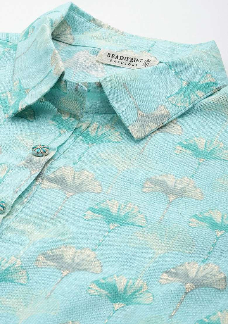 Turquoise Blue Floral Printed Pure Cotton Tunic And Palazzos - Indya