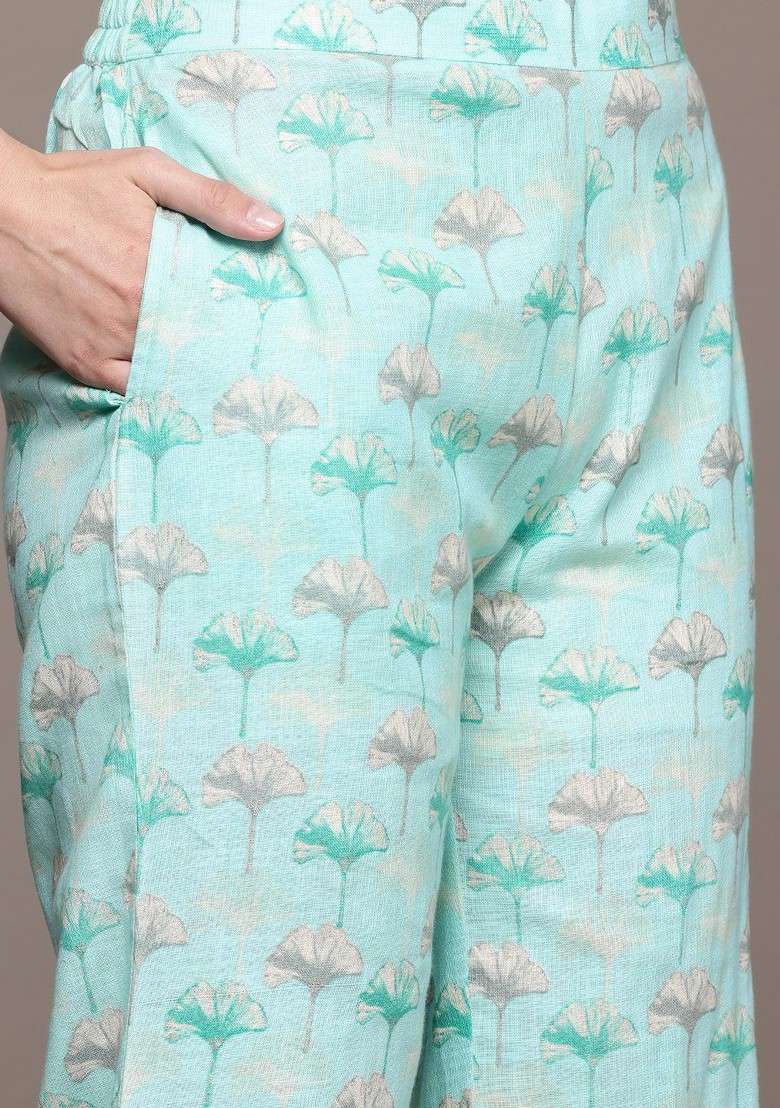 Turquoise Blue Floral Printed Pure Cotton Tunic And Palazzos - Indya