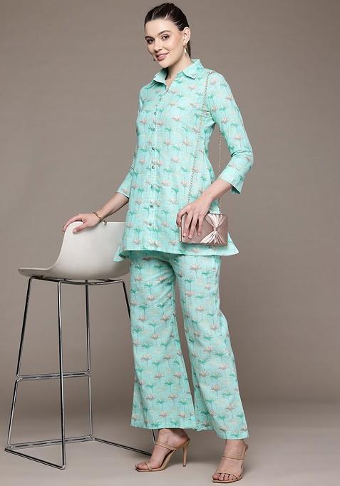 Turquoise Blue Floral Printed Pure Cotton Tunic And Palazzos