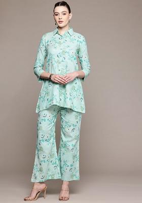 Sea Green Floral Printed Pure Cotton Tunic And Palazzos