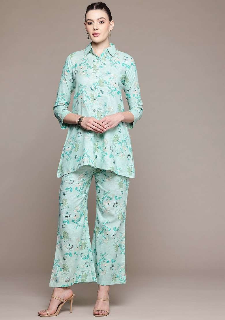 Sea Green Floral Printed Pure Cotton Tunic And Palazzos - Indya