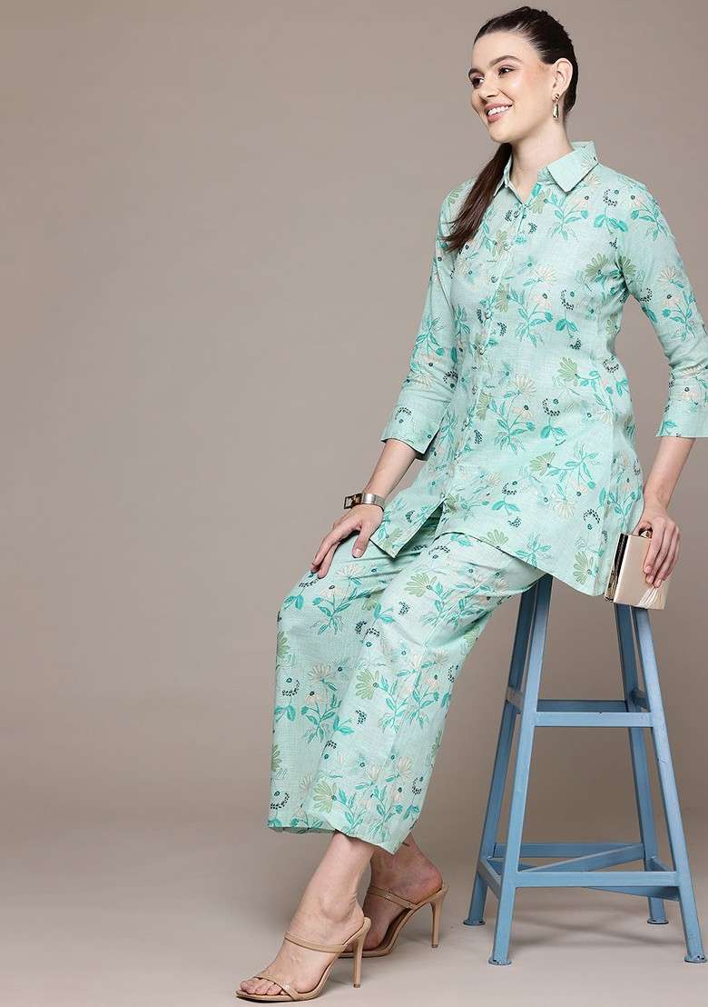 Sea Green Floral Printed Pure Cotton Tunic And Palazzos - Indya