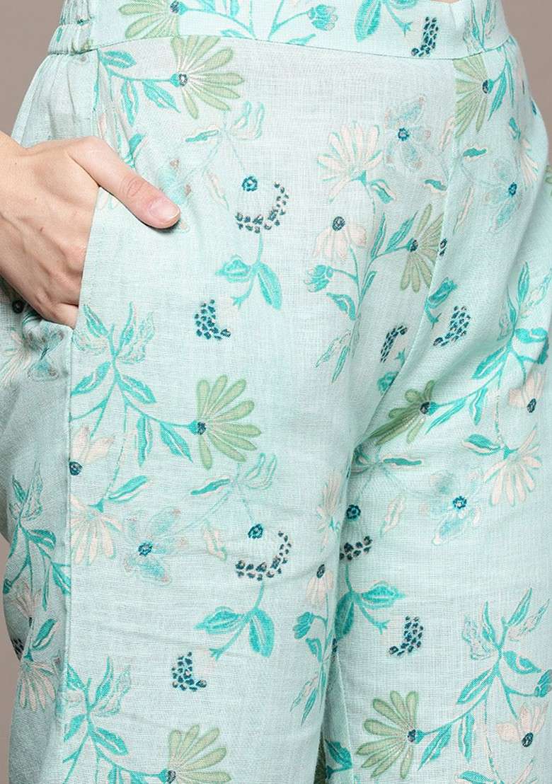 Sea Green Floral Printed Pure Cotton Tunic And Palazzos - Indya