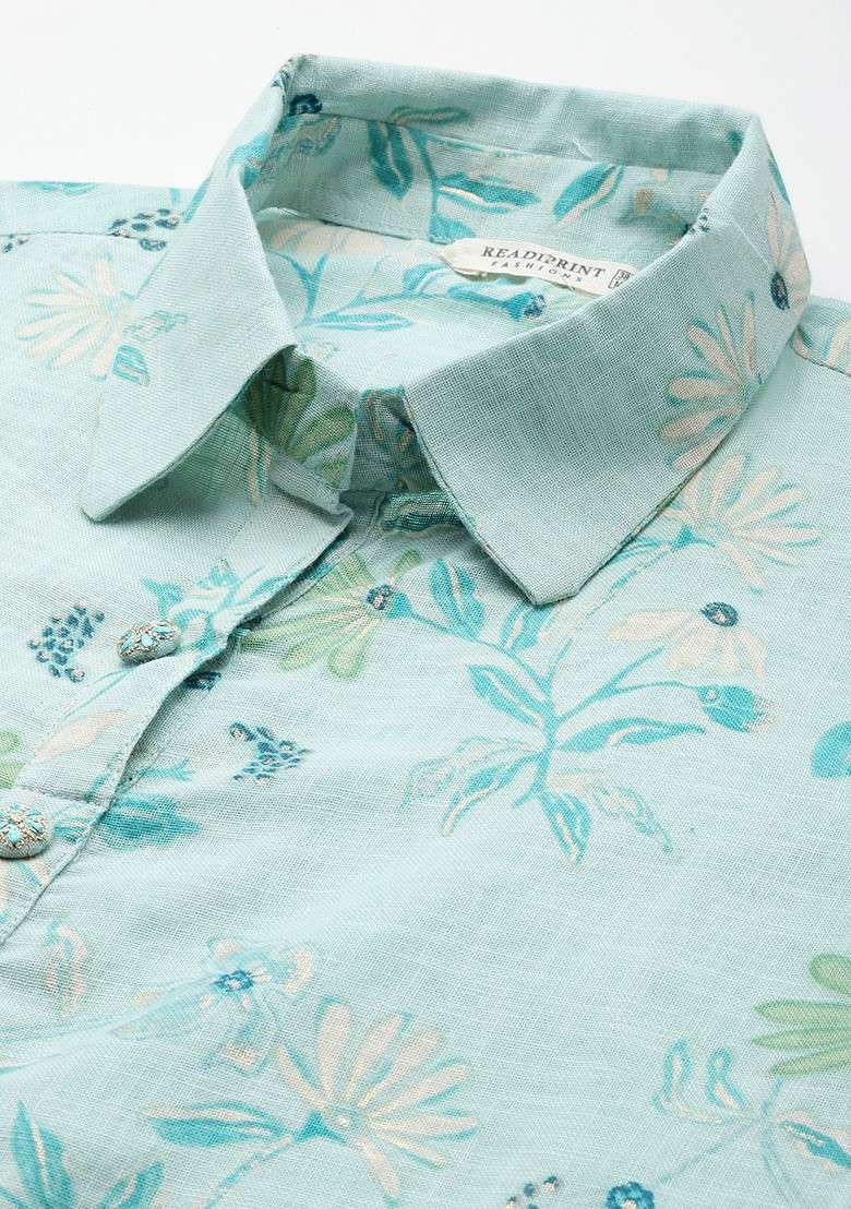 Sea Green Floral Printed Pure Cotton Tunic And Palazzos - Indya