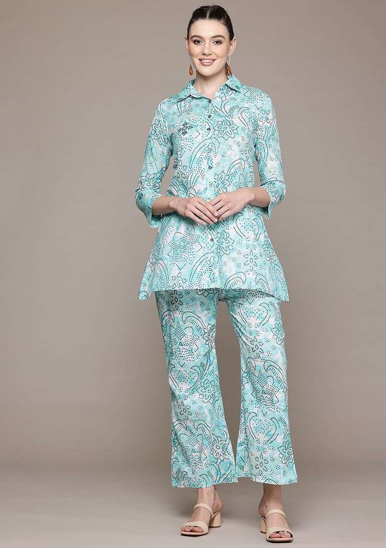 Turquoise Blue Floral Printed Pure Cotton Tunic And Palazzos - Indya