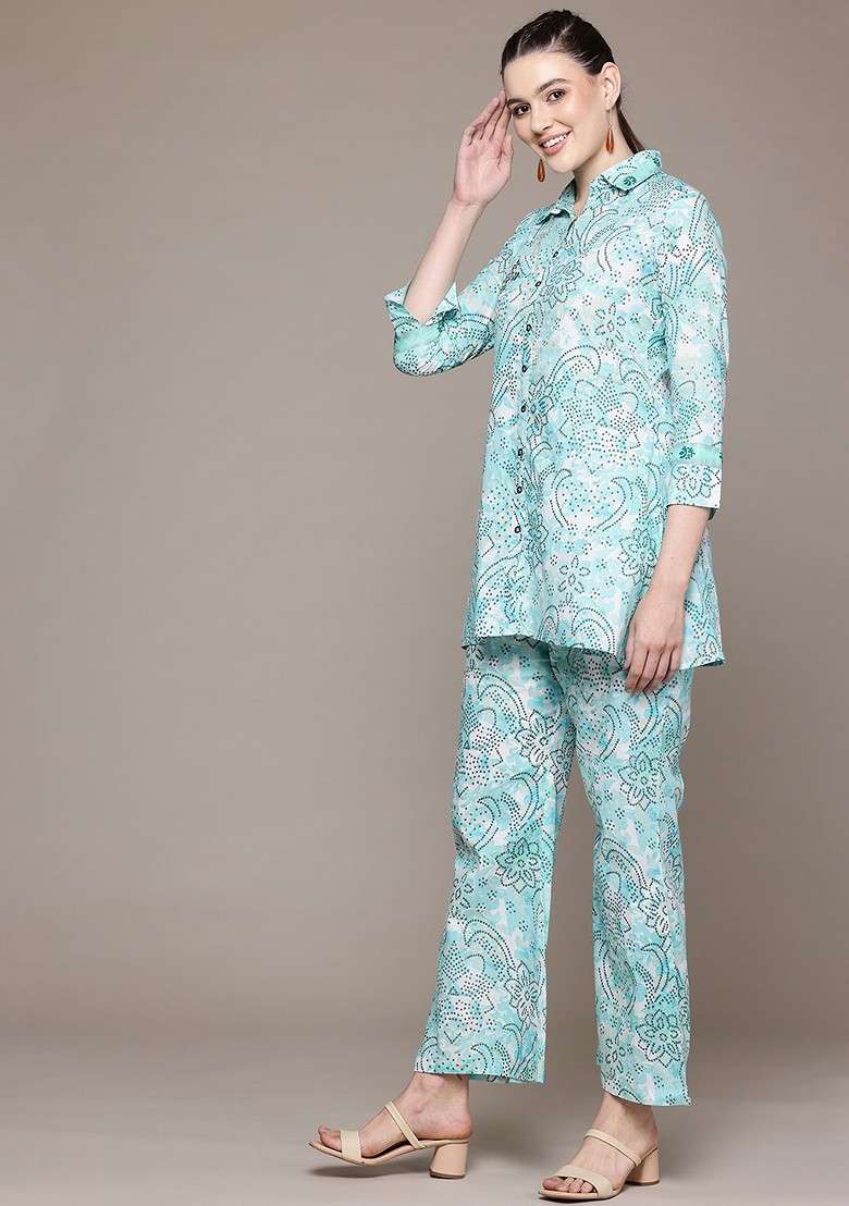 Turquoise Blue Floral Printed Pure Cotton Tunic And Palazzos - Indya