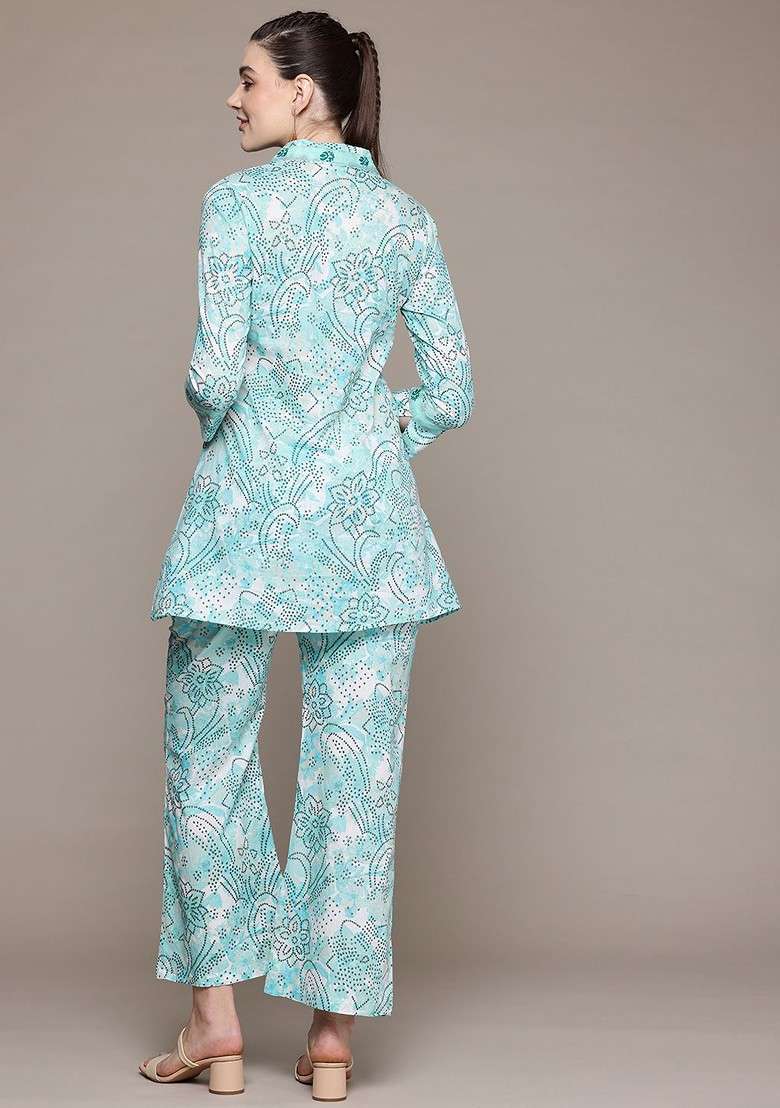 Turquoise Blue Floral Printed Pure Cotton Tunic And Palazzos - Indya