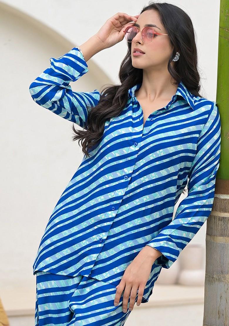Blue Stripes Shirt With Trousers Coords - Indya