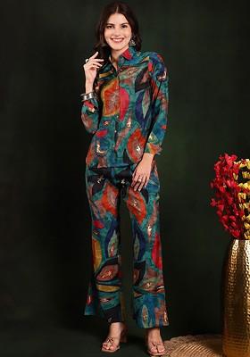 Blue Printed Chanderi Silk Tunic And Trousers Coords Set