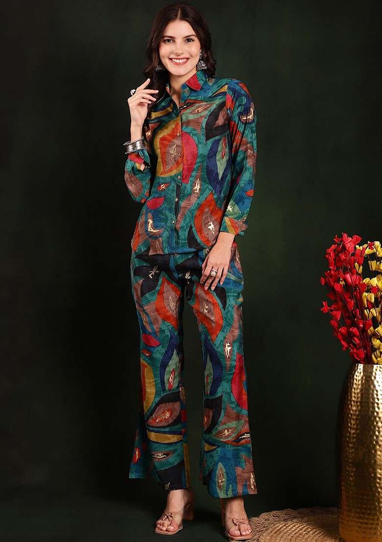 Blue Printed Chanderi Silk Tunic And Trousers Coords Set - Indya