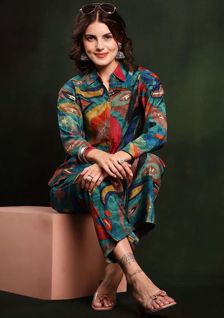 Blue Printed Chanderi Silk Tunic And Trousers Coords Set - Indya