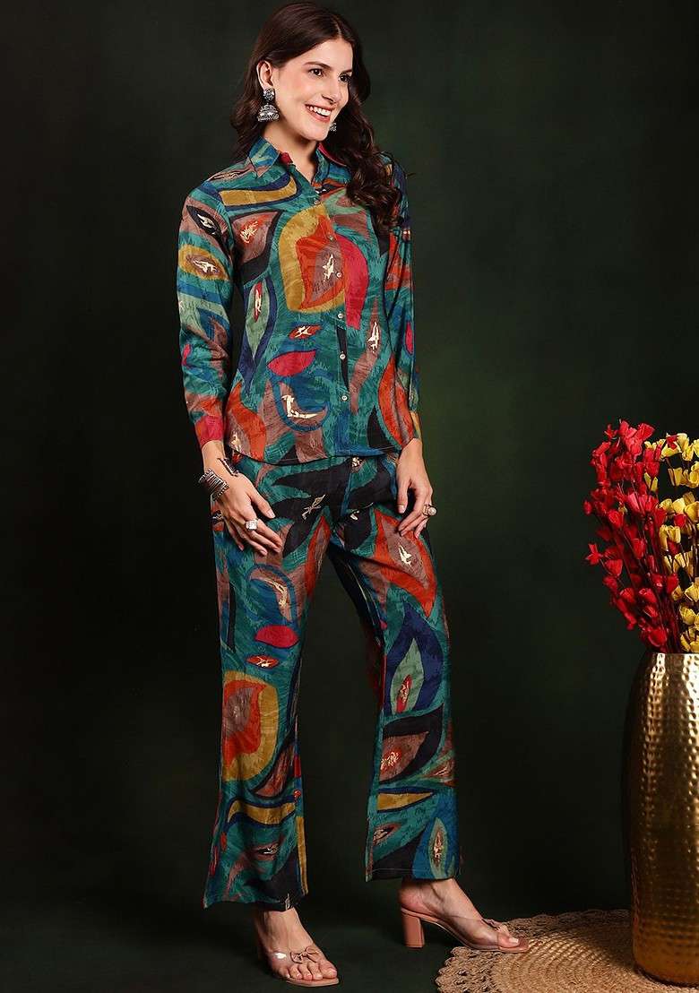 Blue Printed Chanderi Silk Tunic And Trousers Coords Set - Indya