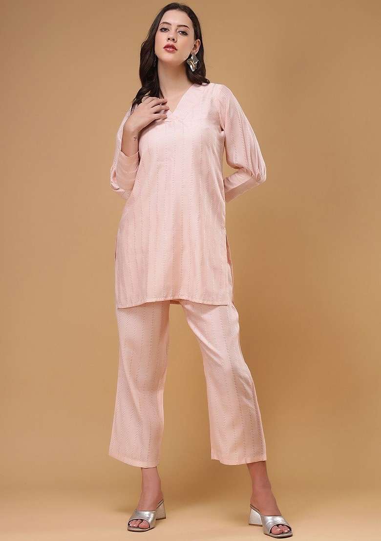 Peach Self Design Vneck Top And Flared Trousers Coords - Indya