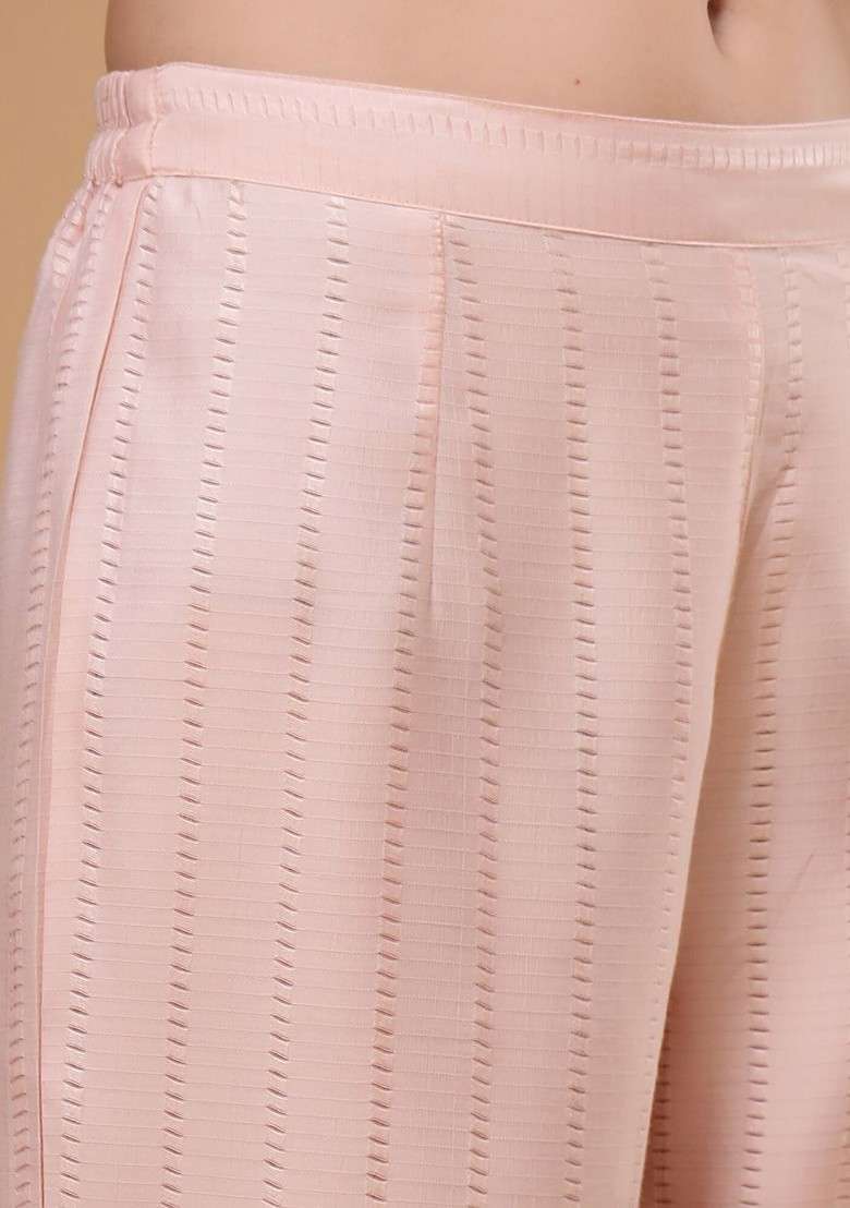Peach Self Design Vneck Top And Flared Trousers Coords - Indya