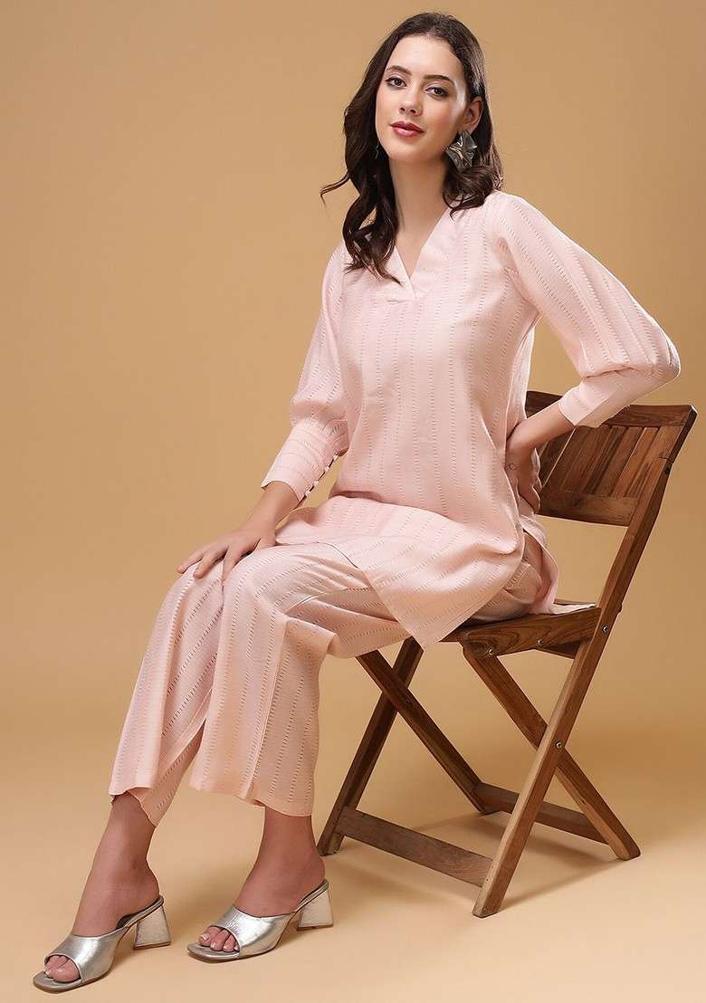 Peach Self Design Vneck Top And Flared Trousers Coords - Indya