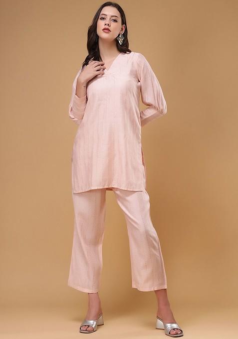 Peach Self Design Vneck Top And Flared Trousers Coords