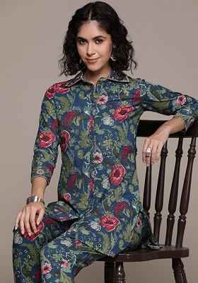 Blue Floral Print Pure Cotton Tunic With Trousers