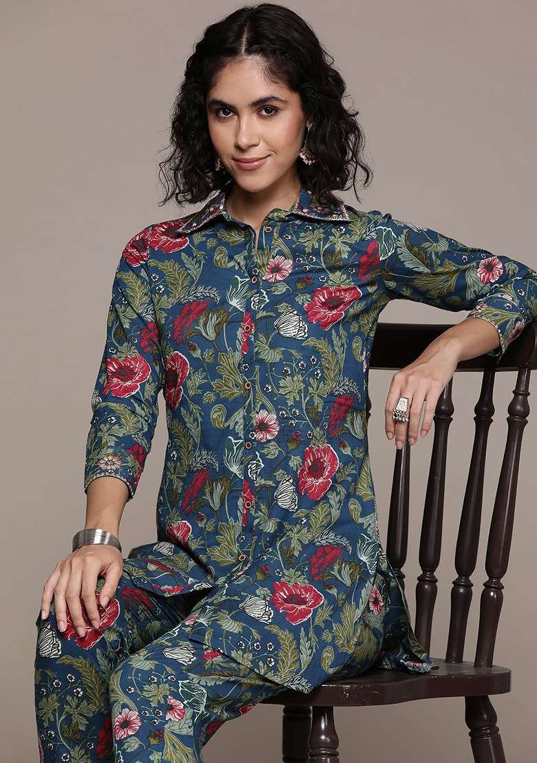 Blue Floral Print Pure Cotton Tunic With Trousers - Indya