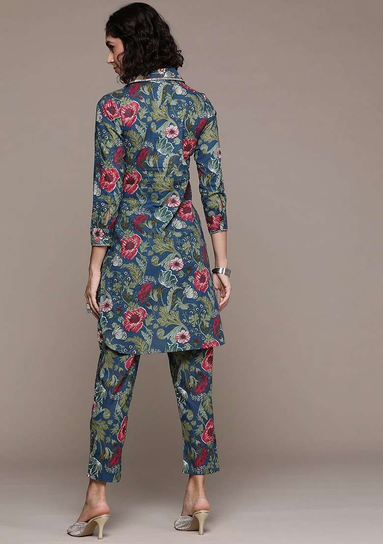 Blue Floral Print Pure Cotton Tunic With Trousers - Indya