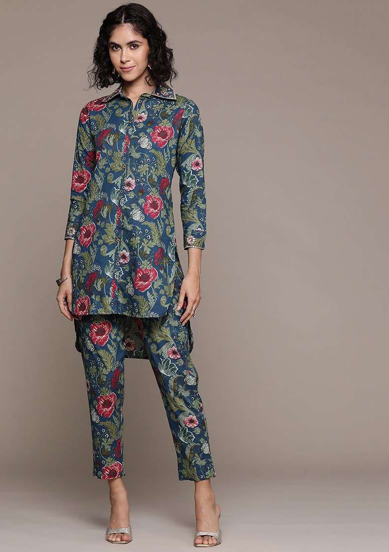 Blue Floral Print Pure Cotton Tunic With Trousers - Indya