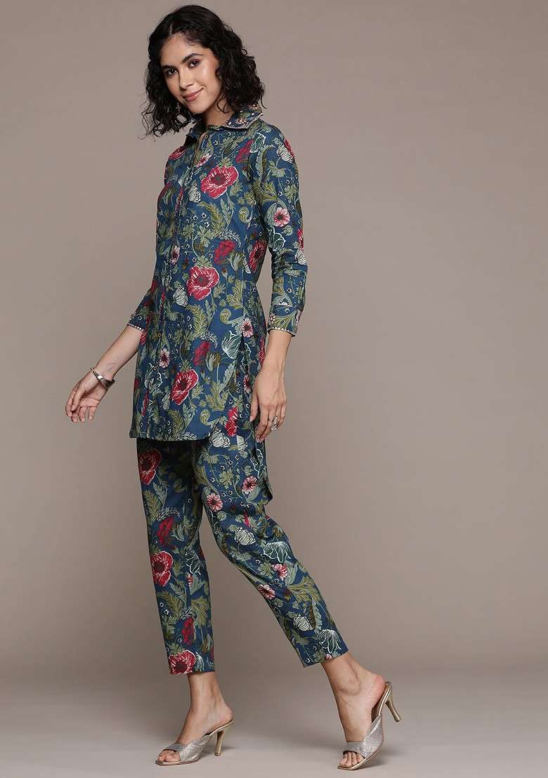 Blue Floral Print Pure Cotton Tunic With Trousers - Indya
