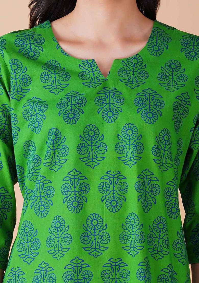 Green Ethnic Motifs Printed Pure Cotton Top With Trousers - Indya