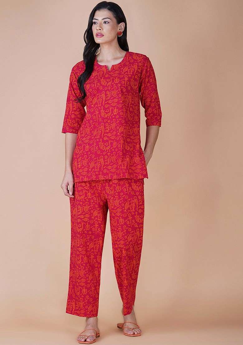 Pink Ethnic Motifs Printed Pure Cotton Top With Trousers - Indya