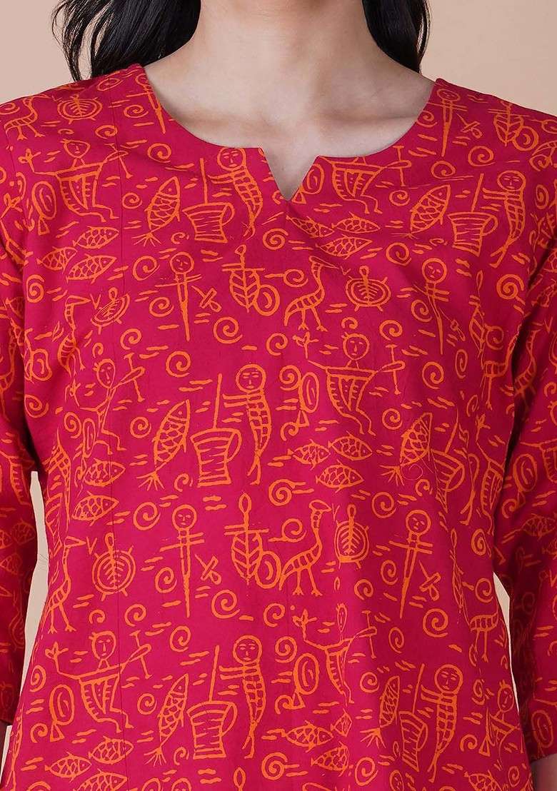 Pink Ethnic Motifs Printed Pure Cotton Top With Trousers - Indya