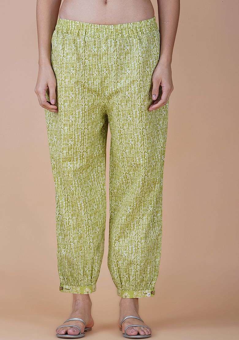 Green Ethnic Motifs Printed Mandarin Collar Pure Cotton Top With Trousers - Indya