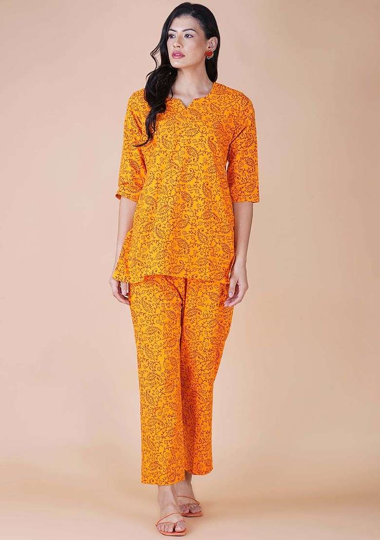 Yellow Ethnic Motifs Printed Pure Cotton Top With Trousers - Indya