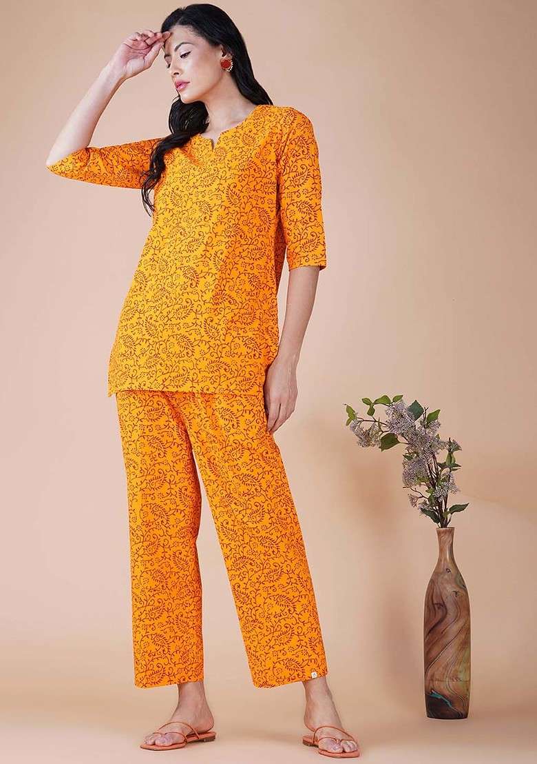 Yellow Ethnic Motifs Printed Pure Cotton Top With Trousers - Indya