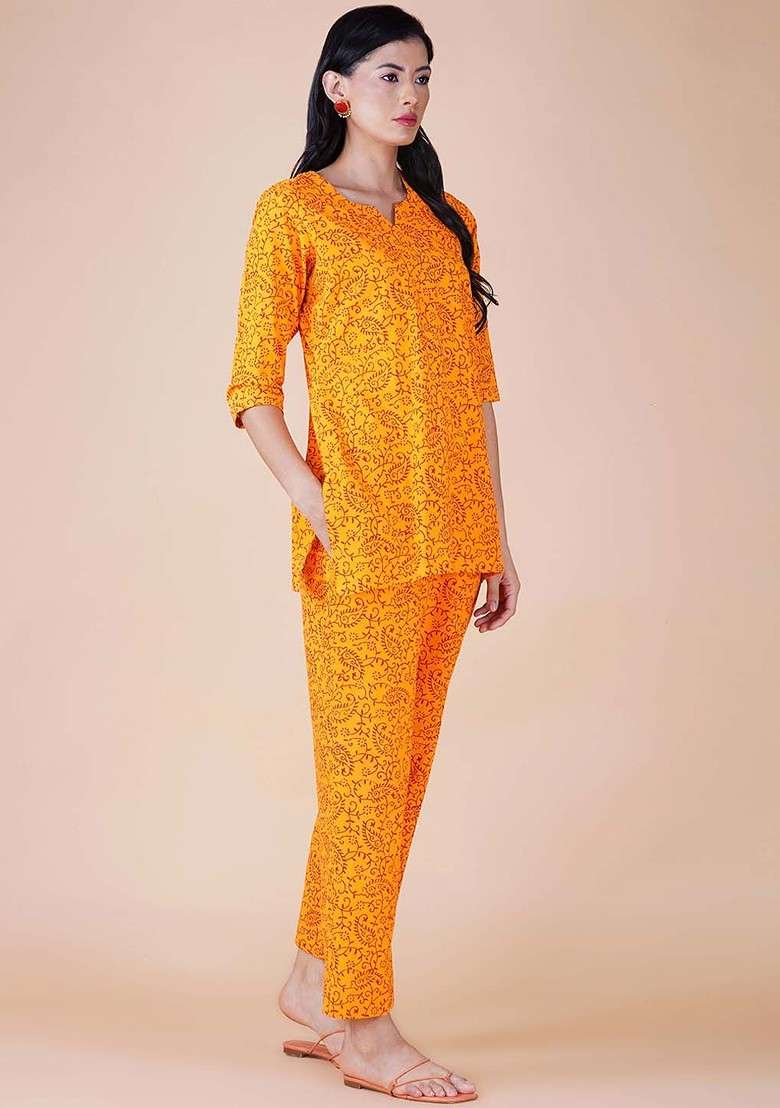 Yellow Ethnic Motifs Printed Pure Cotton Top With Trousers - Indya