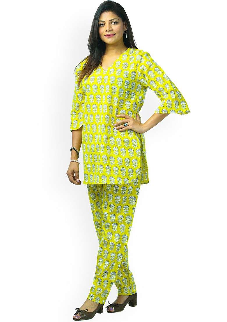 Yellow Sunshine Garden Printed Pure Cotton Vneck Top And Flared Trouser Coords - Indya