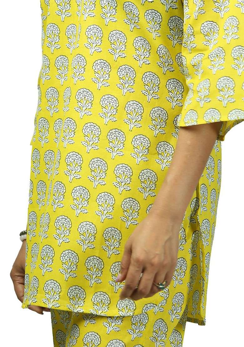 Yellow Sunshine Garden Printed Pure Cotton Vneck Top And Flared Trouser Coords - Indya
